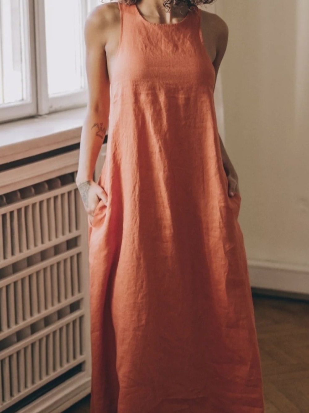 💋VISIBLE ARTS DRESS100% Linen Sleeveless Maxi Dress in Burnt Orange💋